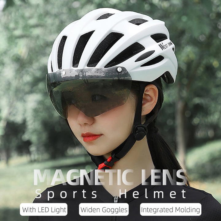 High-Quality Magnetic Lens Cycling Helmet - Breathable, Lightweight MTB & Road Bike Helmet for Men & Women, Integrated PC Shell + EPS Foam, 56-61cm Adjustable, Gray Goggles Included