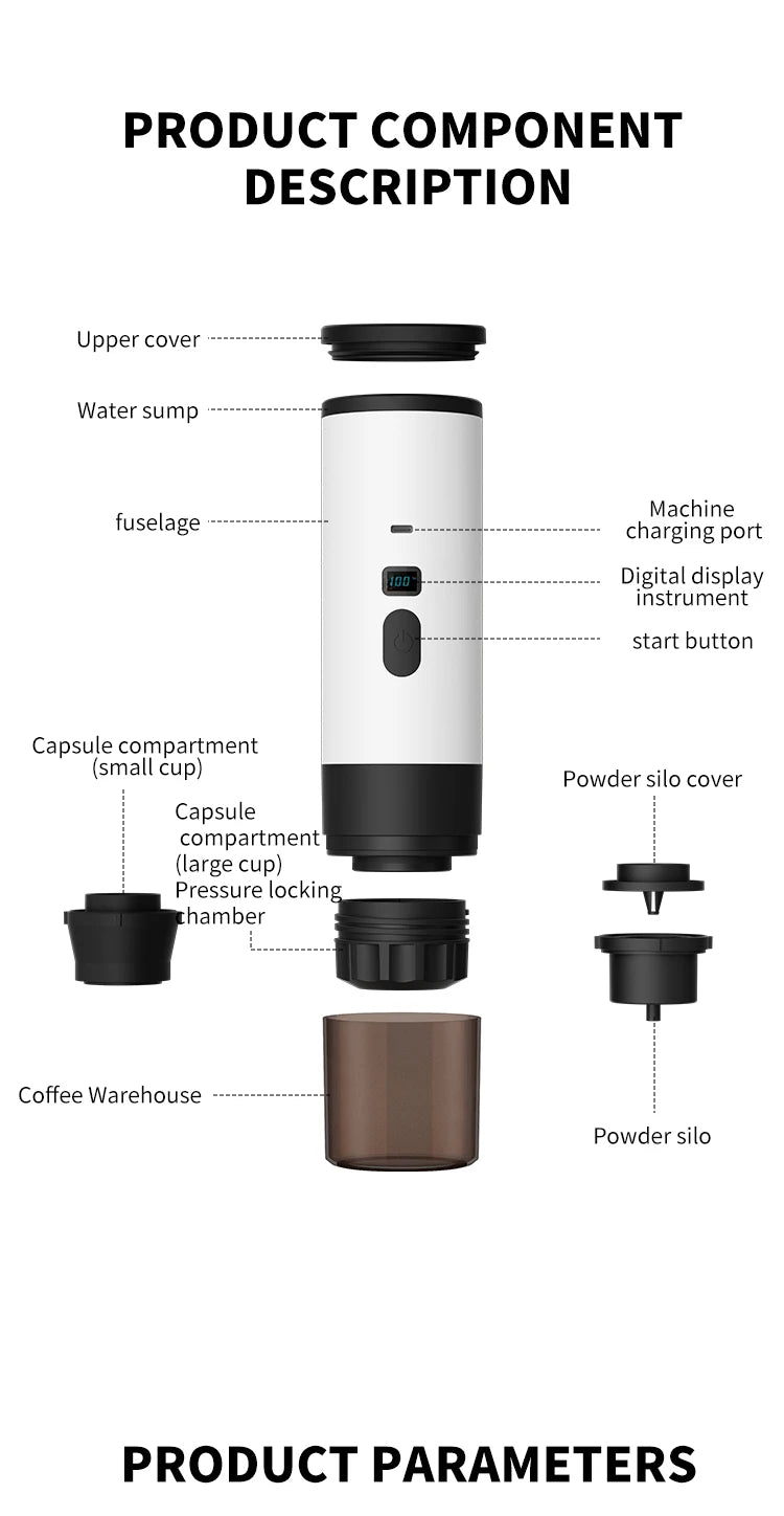 Premium 15 Bar Portable Wireless Espresso Machine – 3 in 1 Rechargeable Self-Heating Capsule Coffee Maker