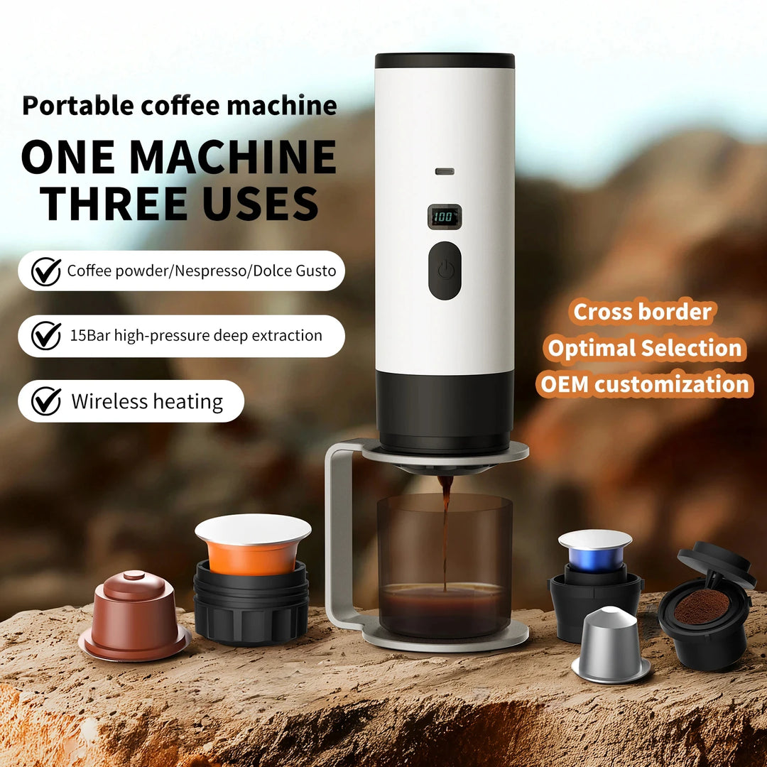 Premium 15 Bar Portable Wireless Espresso Machine – 3 in 1 Rechargeable Self-Heating Capsule Coffee Maker