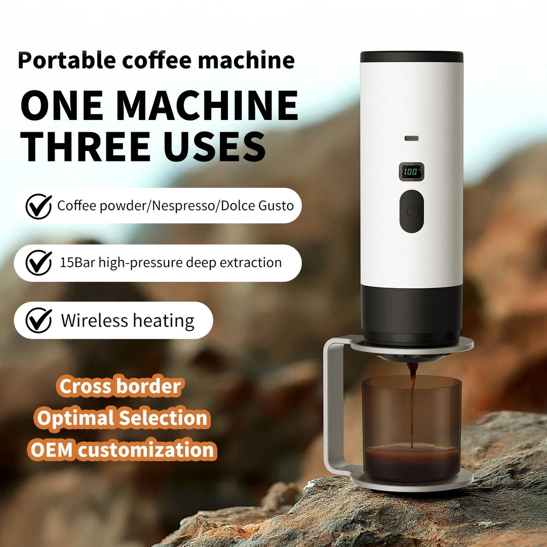 Premium 15 Bar Portable Wireless Espresso Machine – 3 in 1 Rechargeable Self-Heating Capsule Coffee Maker