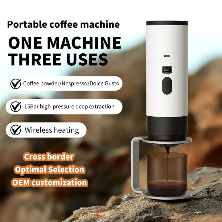 Premium 15 Bar Portable Wireless Espresso Machine – 3 in 1 Rechargeable Self-Heating Capsule Coffee Maker