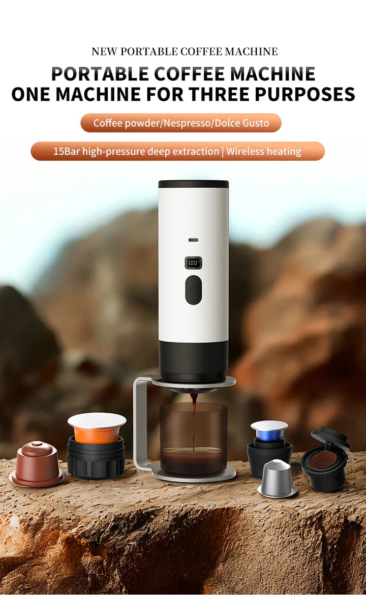 Premium 15 Bar Portable Wireless Espresso Machine – 3 in 1 Rechargeable Self-Heating Capsule Coffee Maker