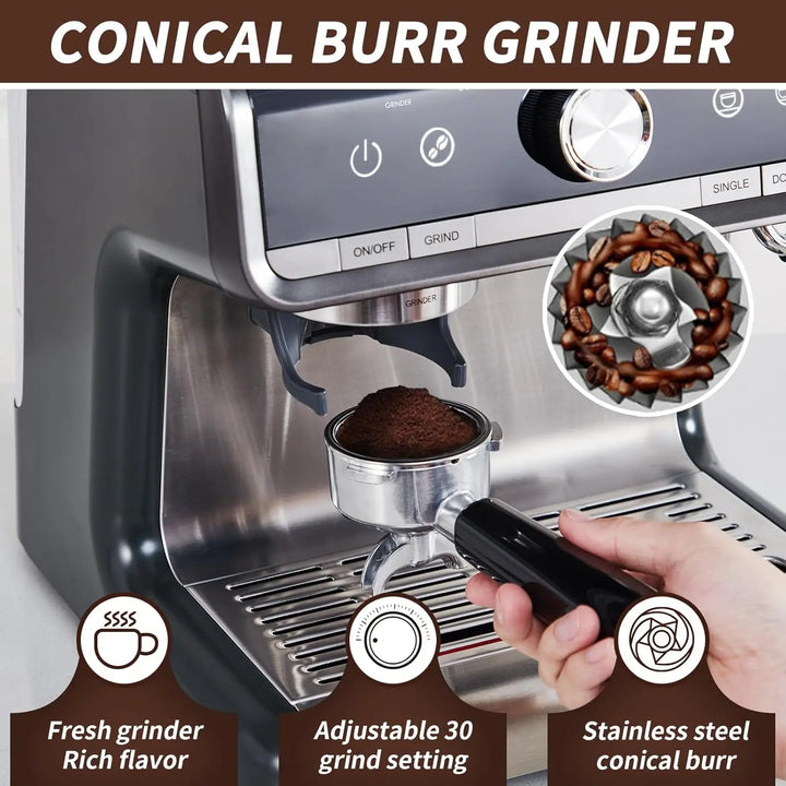 Premium 20 Bar Espresso Machine with Integrated Grinder – 1450W Professional Barista Coffee Maker with Steam Wand
