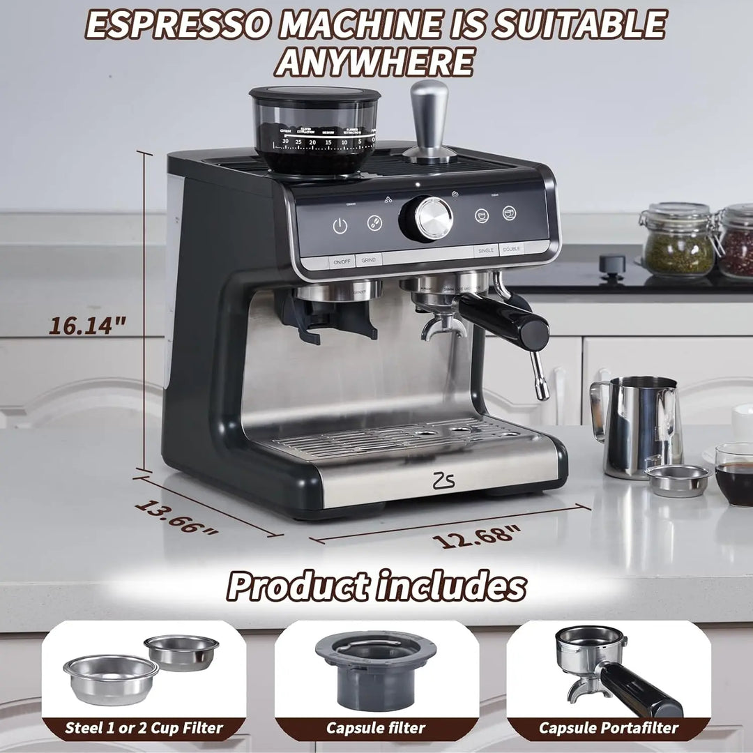 Premium 20 Bar Espresso Machine with Integrated Grinder – 1450W Professional Barista Coffee Maker with Steam Wand