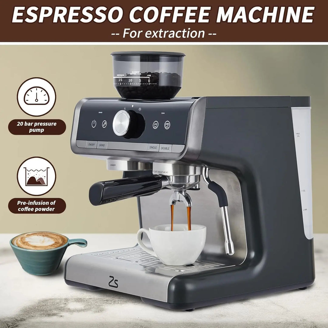 Premium 20 Bar Espresso Machine with Integrated Grinder – 1450W Professional Barista Coffee Maker with Steam Wand