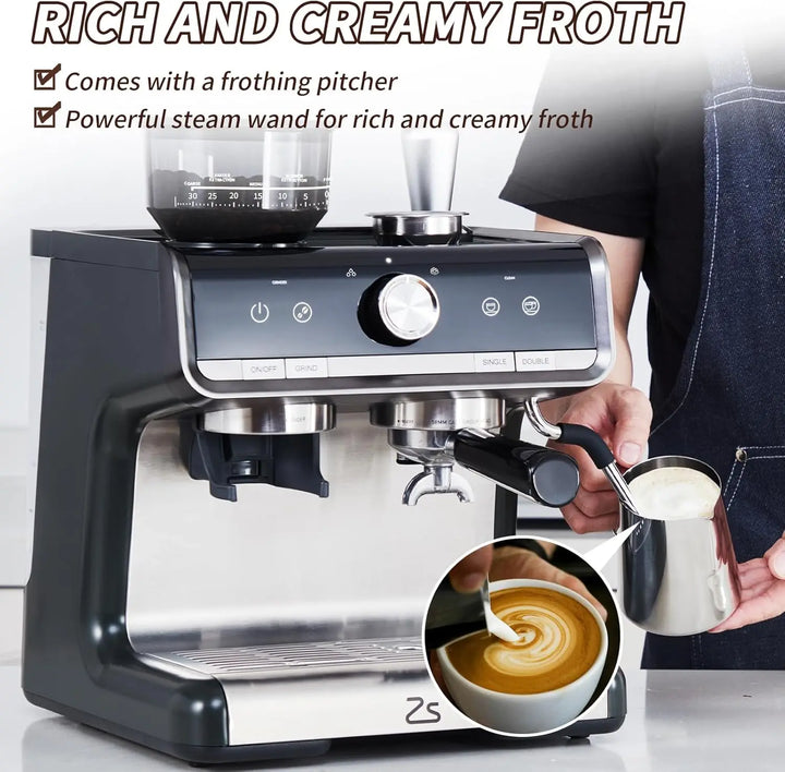 Premium 20 Bar Espresso Machine with Integrated Grinder – 1450W Professional Barista Coffee Maker with Steam Wand