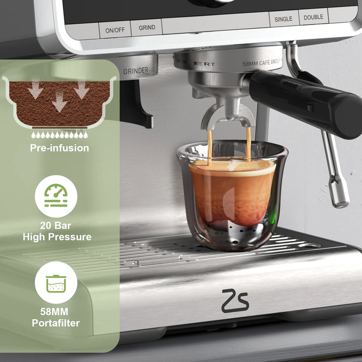 Premium 20 Bar Semi-Automatic Espresso Machine with Built-In Grinder – 1450W Coffee Maker with Steam Wand