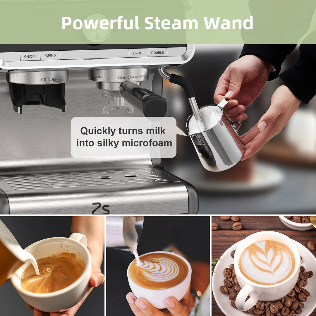 Premium 20 Bar Semi-Automatic Espresso Machine with Built-In Grinder – 1450W Coffee Maker with Steam Wand