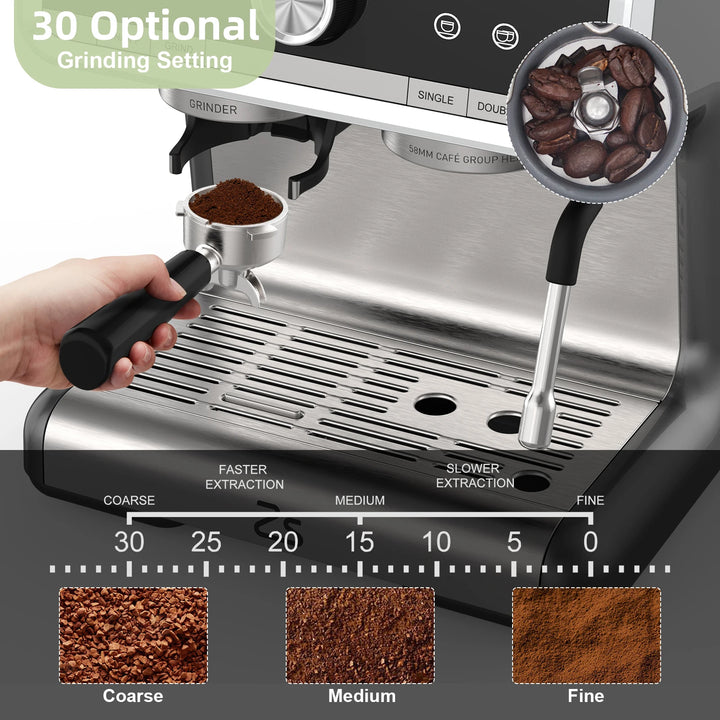 Premium 20 Bar Semi-Automatic Espresso Machine with Built-In Grinder – 1450W Coffee Maker with Steam Wand