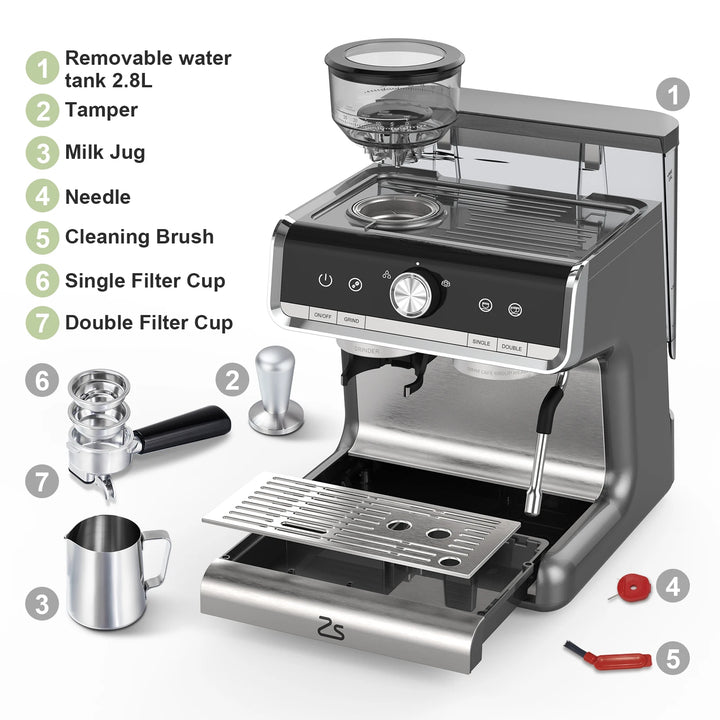 Premium 20 Bar Semi-Automatic Espresso Machine with Built-In Grinder – 1450W Coffee Maker with Steam Wand