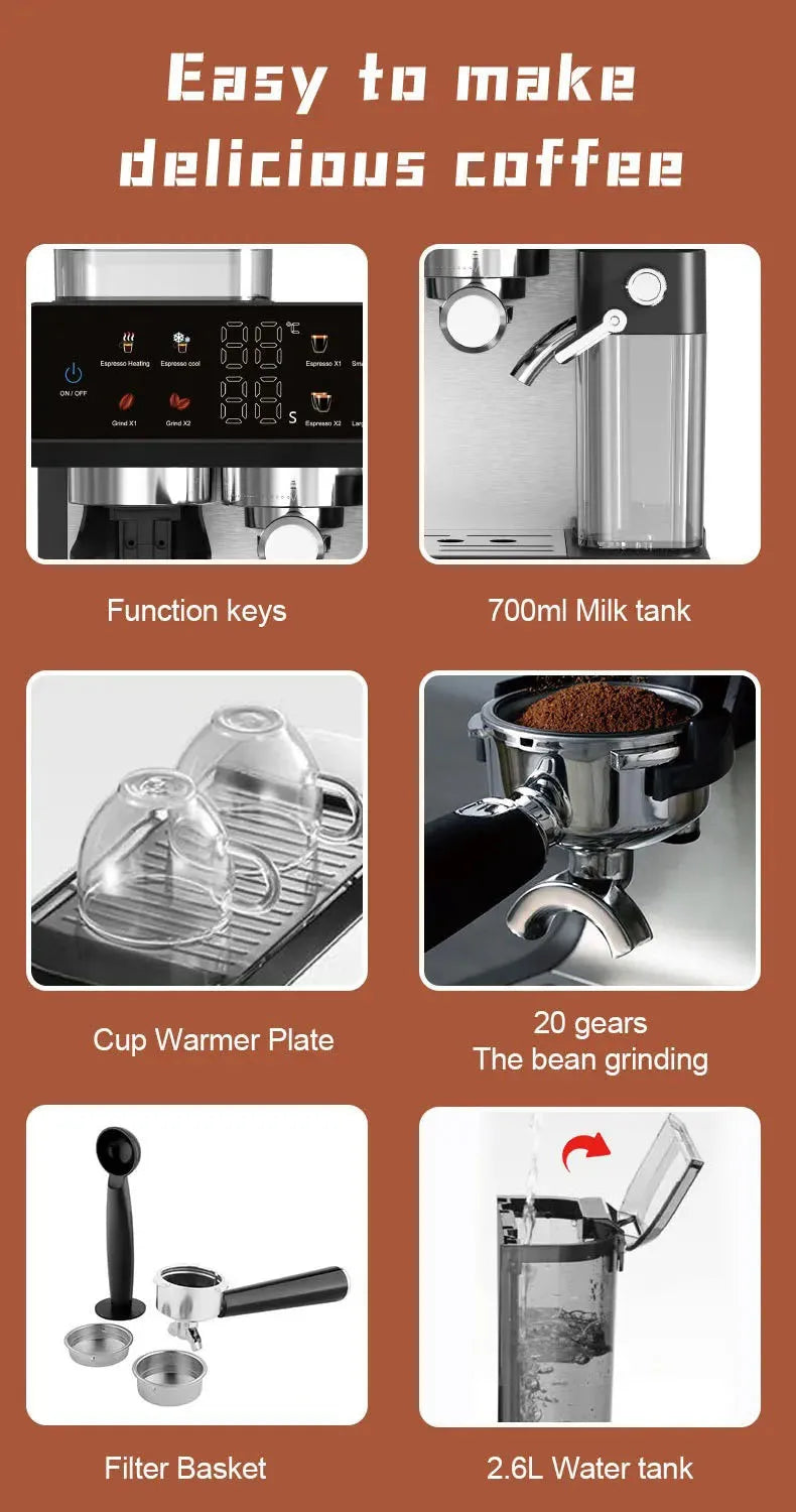 Premium 220V Semi-Automatic Espresso Coffee Machine – Built-In Grinder Home and Commercial Use Coffee Maker