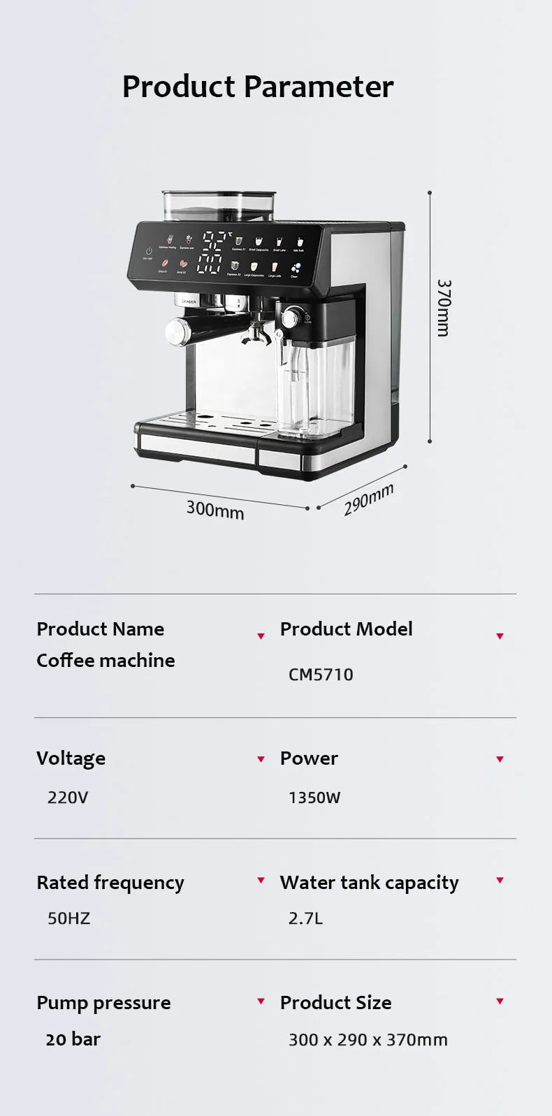 Premium 220V Semi-Automatic Espresso Coffee Machine – Built-In Grinder Home and Commercial Use Coffee Maker