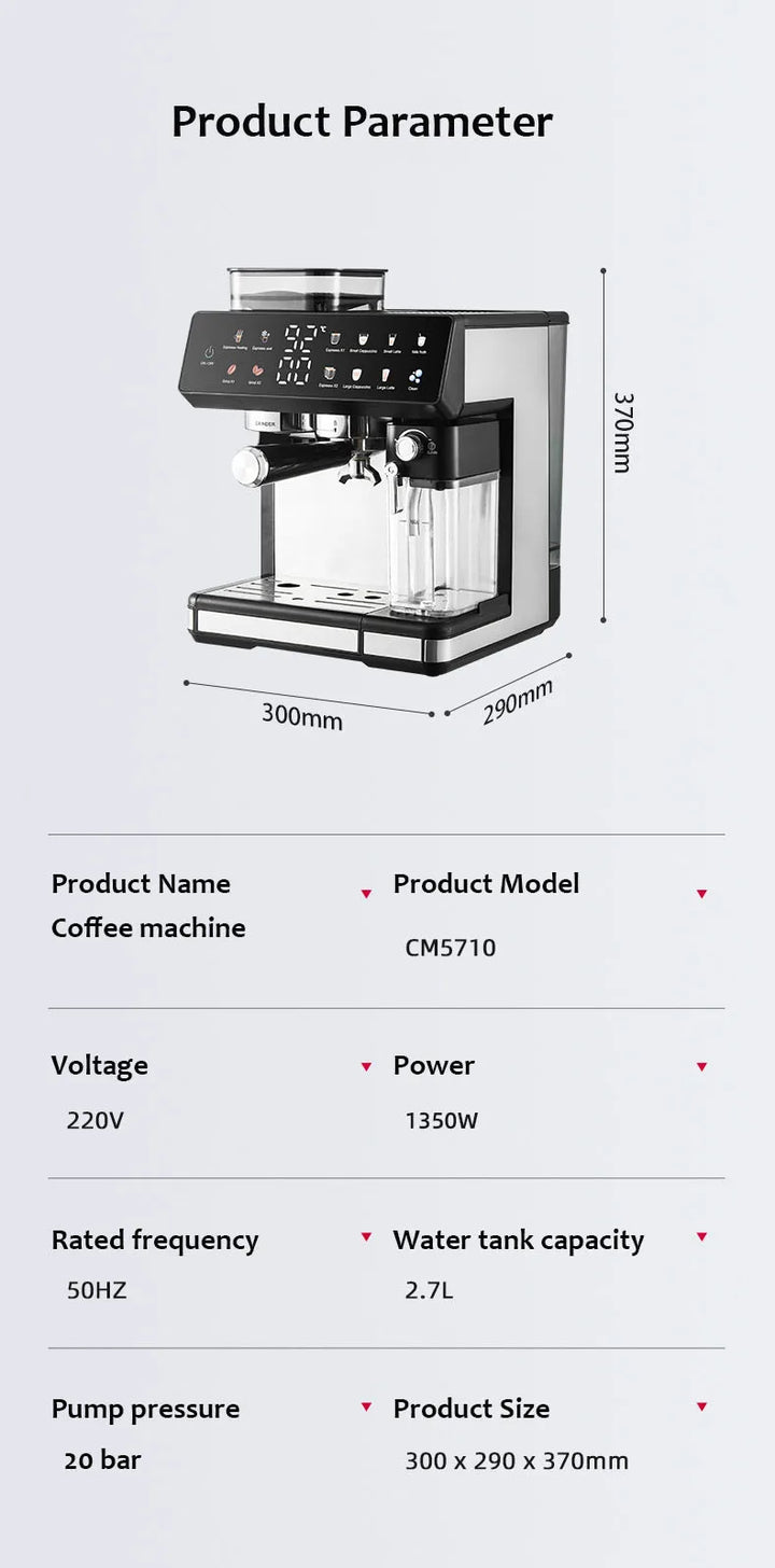 Premium 220V Semi-Automatic Espresso Coffee Machine – Built-In Grinder Home and Commercial Use Coffee Maker