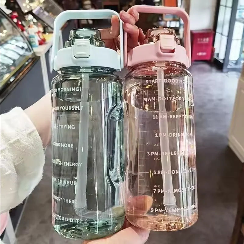 Premium 2L Straw Water Bottle – Large Capacity Motivational Time Marker Sports Bottle with Silicone Straw, One-Click Lid, Portable Fitness Travel Cup for Adults