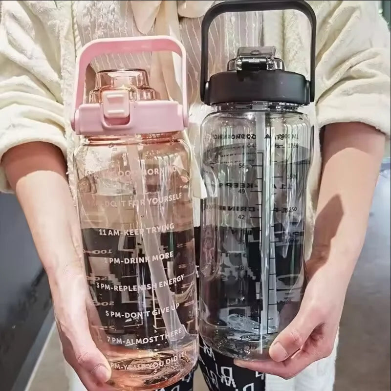 Premium 2L Straw Water Bottle – Large Capacity Motivational Time Marker Sports Bottle with Silicone Straw, One-Click Lid, Portable Fitness Travel Cup for Adults