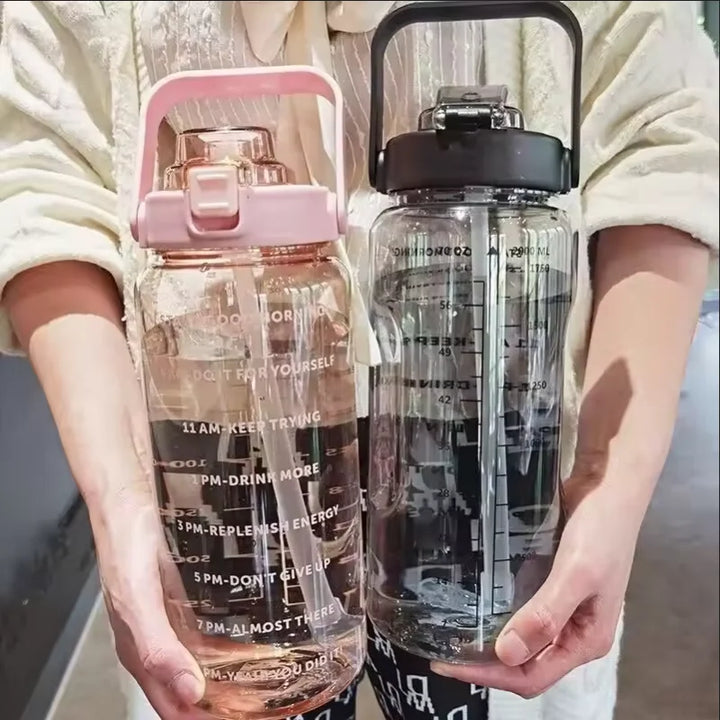 Premium 2L Straw Water Bottle – Large Capacity Motivational Time Marker Sports Bottle with Silicone Straw, One-Click Lid, Portable Fitness Travel Cup for Adults