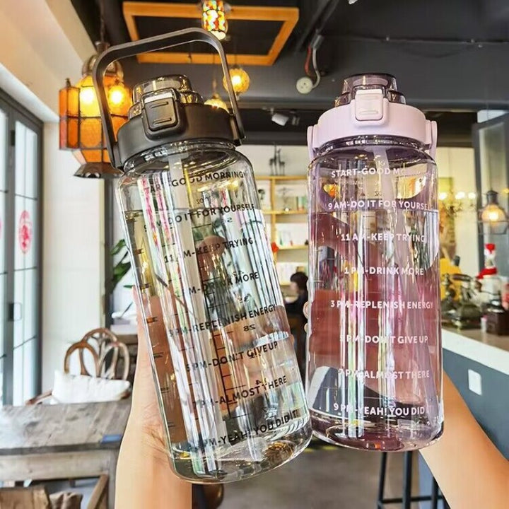 Premium 2L Straw Water Bottle – Large Capacity Motivational Time Marker Sports Bottle with Silicone Straw, One-Click Lid, Portable Fitness Travel Cup for Adults