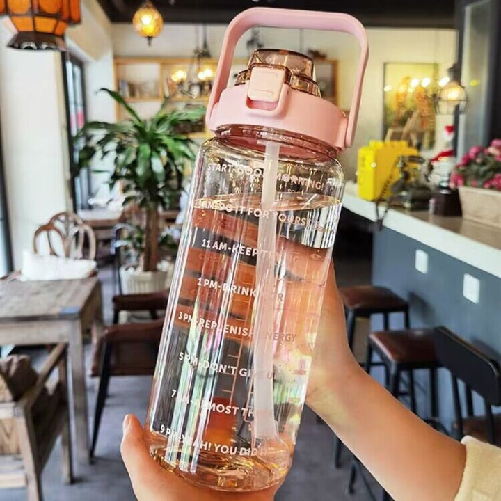 Premium 2L Straw Water Bottle – Large Capacity Motivational Time Marker Sports Bottle with Silicone Straw, One-Click Lid, Portable Fitness Travel Cup for Adults