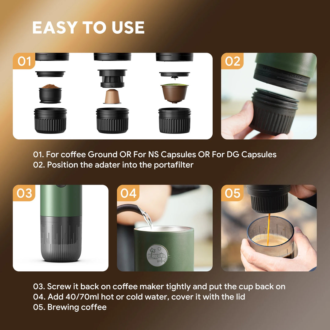 Premium 3 in 1 Portable Espresso Machine – 19 Bar Self-Heating Travel Coffee Maker with USB-C Charging