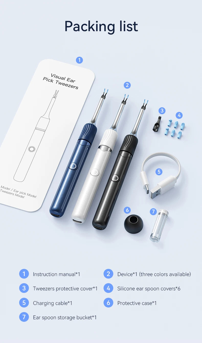 Premium 3-in-1 Wi-Fi Visual Ear Cleaning Tool – Camera Ear Pick with Tweezers, 12MP HD Imaging, Rechargeable Battery, Silicone Accessories