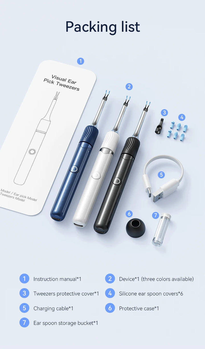 Premium 3-in-1 Wi-Fi Visual Ear Cleaning Tool – Camera Ear Pick with Tweezers, 12MP HD Imaging, Rechargeable Battery, Silicone Accessories