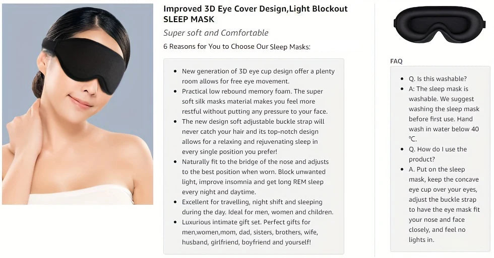 Premium 3D Sleep Mask with Ear Plugs – Unisex Blackout Eye Cover with Adjustable Strap