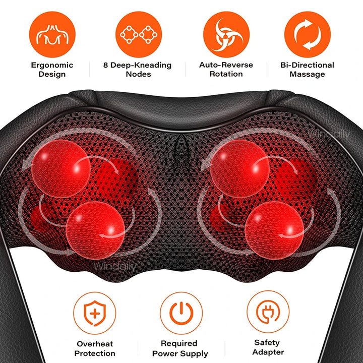 Premium 4D Shiatsu Neck & Shoulder Massager – Electric Kneading Massage Pillow with Heat for Back, Full Body, Home and Car Use
