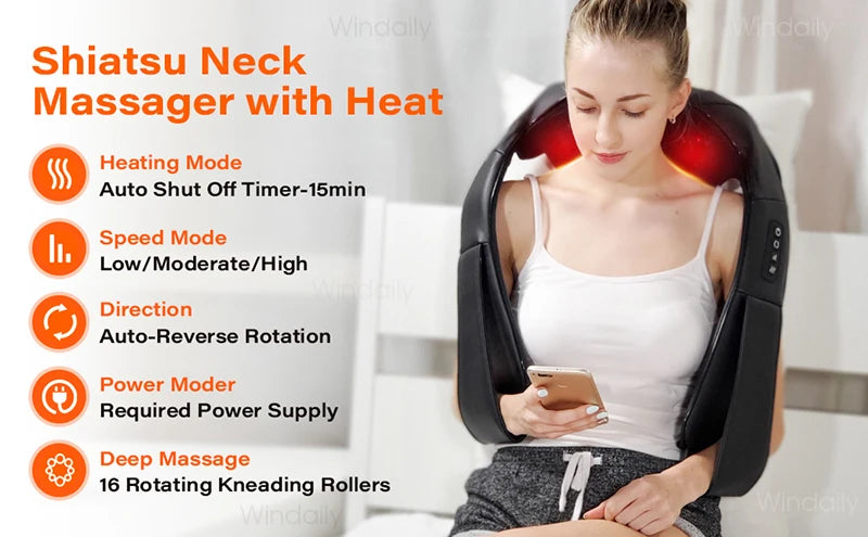 Premium 4D Shiatsu Neck & Shoulder Massager – Electric Kneading Massage Pillow with Heat for Back, Full Body, Home and Car Use