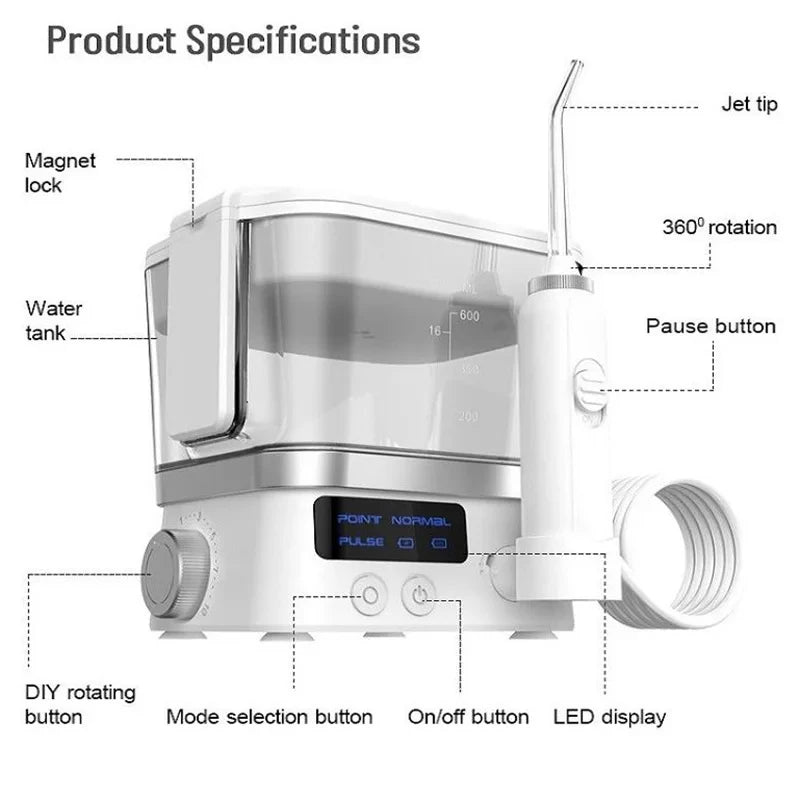 Premium 600ML Oral Irrigator – Multifunction Electric Water Flosser with 10 Modes and IPX7 Waterproof Design