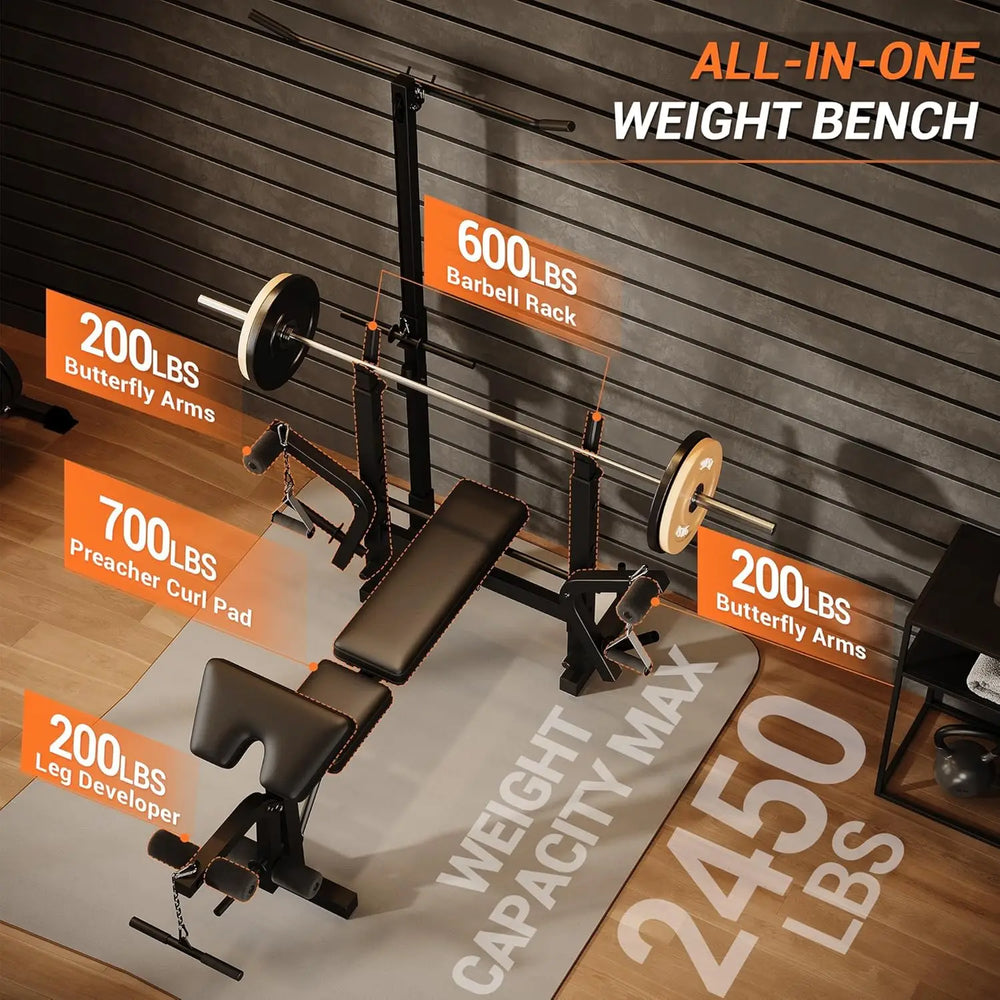 Premium 7 in 1 Strength Training Bench with Squat Rack – 900 lb Capacity Adjustable Foldable Home Gym Workout Bench