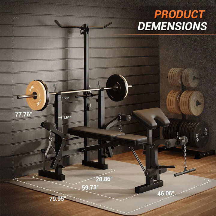 Premium 7 in 1 Strength Training Bench with Squat Rack – 900 lb Capacity Adjustable Foldable Home Gym Workout Bench