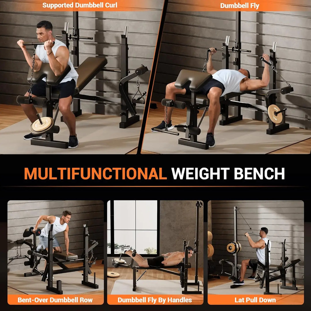 Premium 7 in 1 Strength Training Bench with Squat Rack – 900 lb Capacity Adjustable Foldable Home Gym Workout Bench