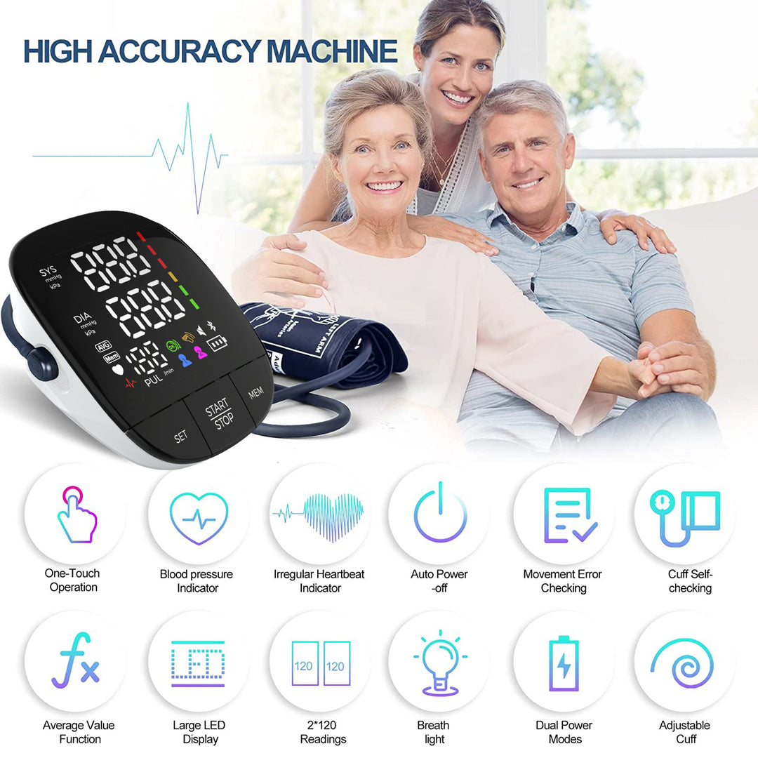 Premium Automatic Upper Arm Blood Pressure Monitor – LED Backlit Screen, 2X120 Memory Groups, Adjustable BP Cuff, Electronic Digital Blood Pressure Machine
