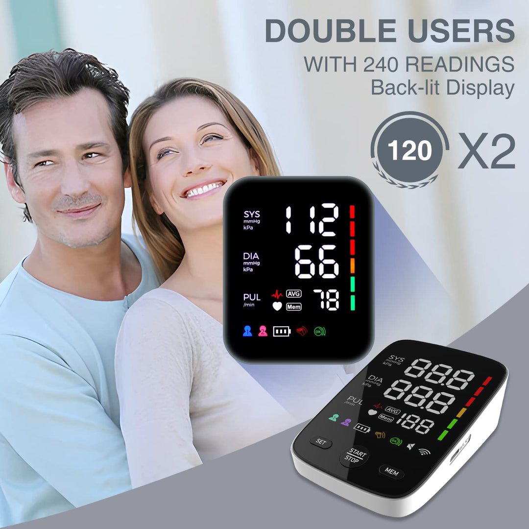 Premium Automatic Upper Arm Blood Pressure Monitor – LED Backlit Screen, 2X120 Memory Groups, Adjustable BP Cuff, Electronic Digital Blood Pressure Machine