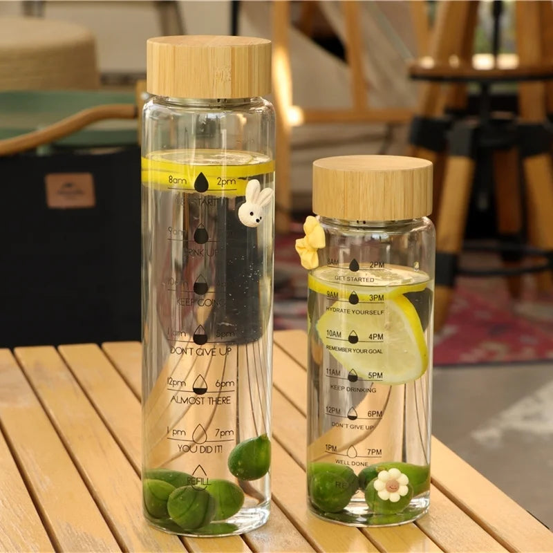 Premium Borosilicate Glass Water Bottle 700ml / 1000ml – Motivational Time Marker Bottle with Bamboo Lid, Tea Infuser Filter, Reusable Lemon Tea Cup for Daily Use