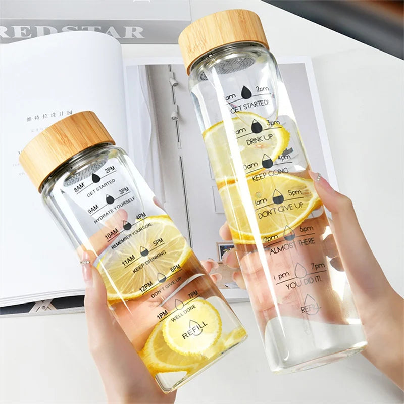 Premium Borosilicate Glass Water Bottle 700ml / 1000ml – Motivational Time Marker Bottle with Bamboo Lid, Tea Infuser Filter, Reusable Lemon Tea Cup for Daily Use