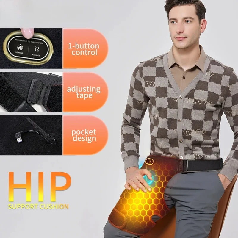 Premium Cordless Heated Hip Support Brace – Adjustable Compression Wrap with Vibration Massager and 3 Level Heating