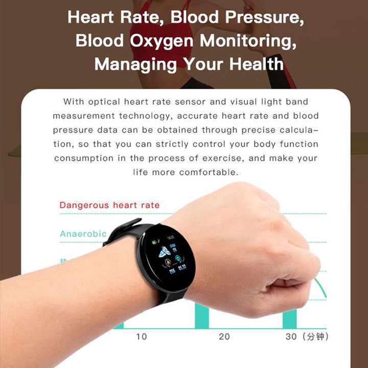 Premium D18 Smart Watch - Waterproof Fitness Tracker with Heart Rate, Blood Pressure, Oxygen Monitor, Call & Message Notifications, Compatible with Android & iOS