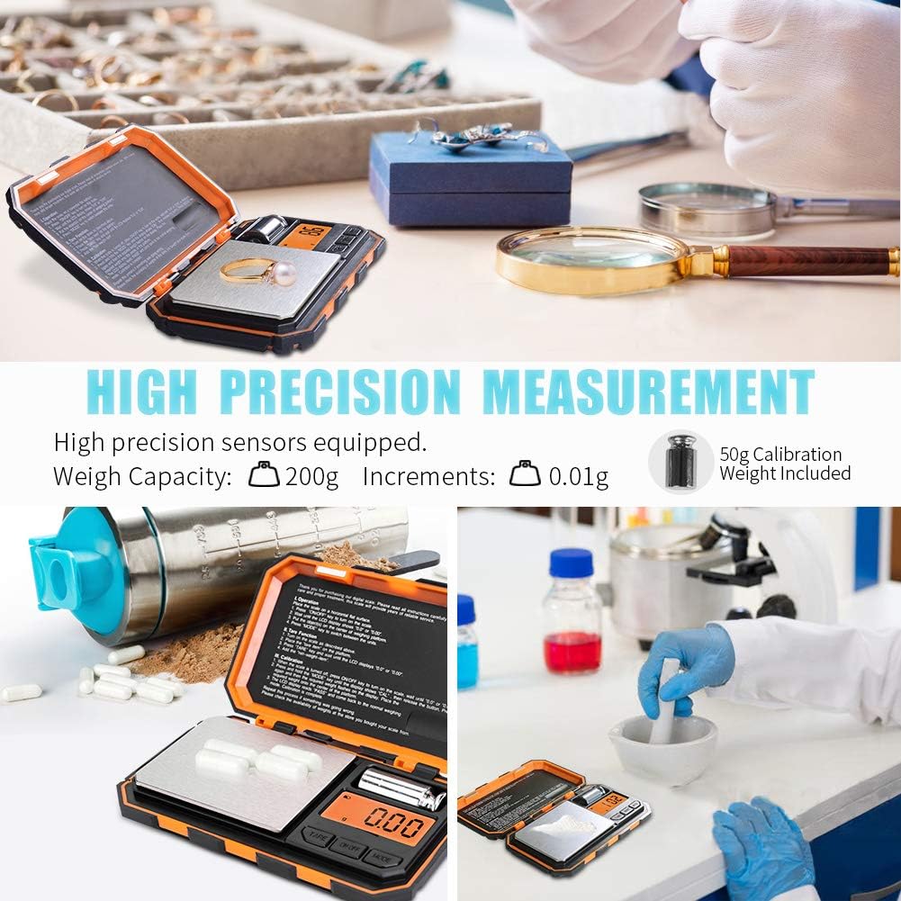 Premium Digital Pocket Scale – 200g Capacity, 0.01g Precision, Multi-Unit Conversion, Calibration Weight Included for Food, Jewelry, and More