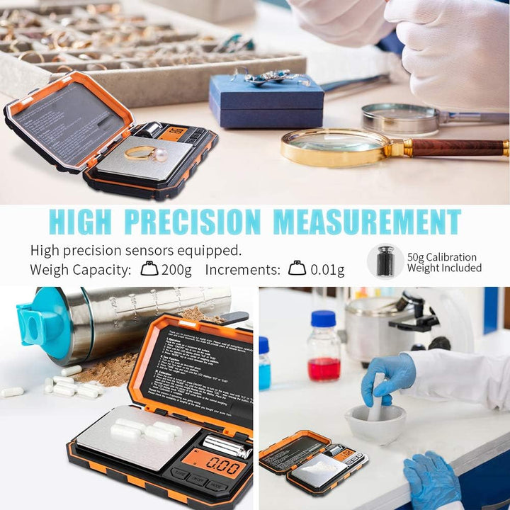Premium Digital Pocket Scale – 200g Capacity, 0.01g Precision, Multi-Unit Conversion, Calibration Weight Included for Food, Jewelry, and More