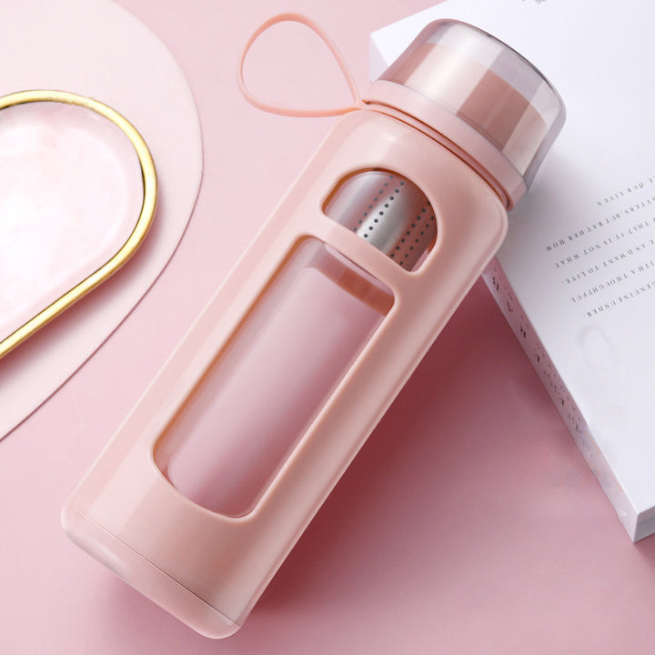 Premium Double-Layer Insulated Tea Cup with Water Separation – 520ML Portable Filtering Cup for Hot & Cold Beverages – Food-Grade Glass & Silicone – Available in Black, Blue, Coffee, Pink