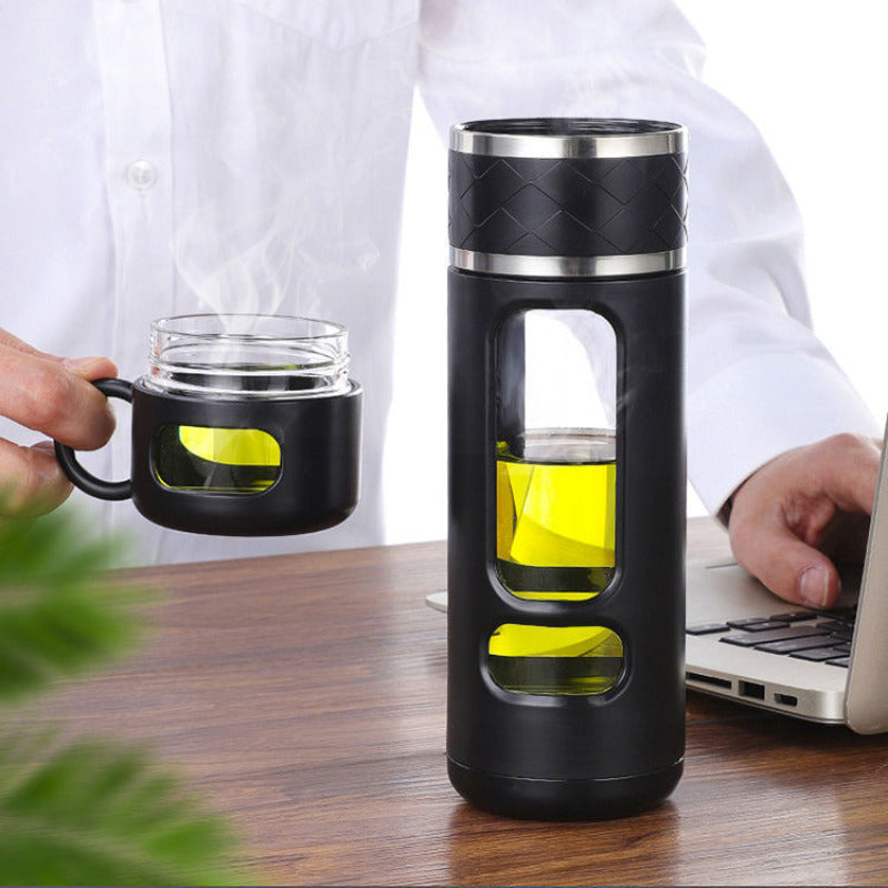 Premium Double-Layer Insulated Tea Cup with Water Separation – 520ML Portable Filtering Cup for Hot & Cold Beverages – Food-Grade Glass & Silicone – Available in Black, Blue, Coffee, Pink