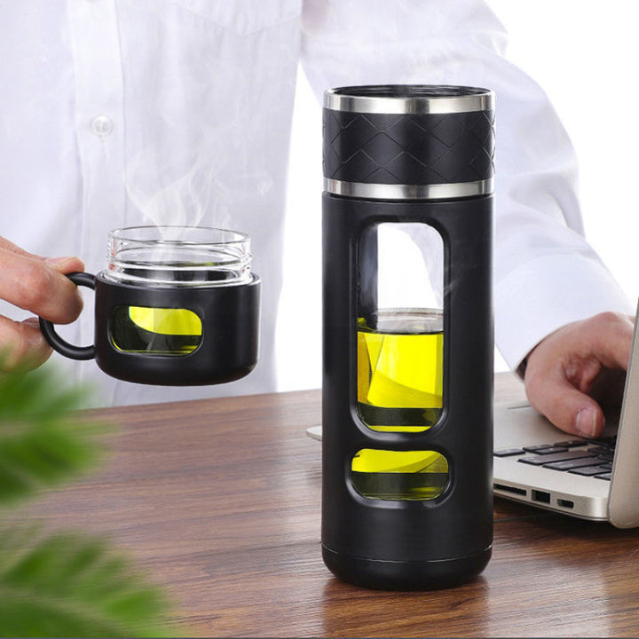 Premium Double-Layer Insulated Tea Cup with Water Separation – 520ML Portable Filtering Cup for Hot & Cold Beverages – Food-Grade Glass & Silicone – Available in Black, Blue, Coffee, Pink