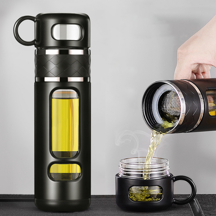 Premium Double-Layer Insulated Tea Cup with Water Separation – 520ML Portable Filtering Cup for Hot & Cold Beverages – Food-Grade Glass & Silicone – Available in Black, Blue, Coffee, Pink