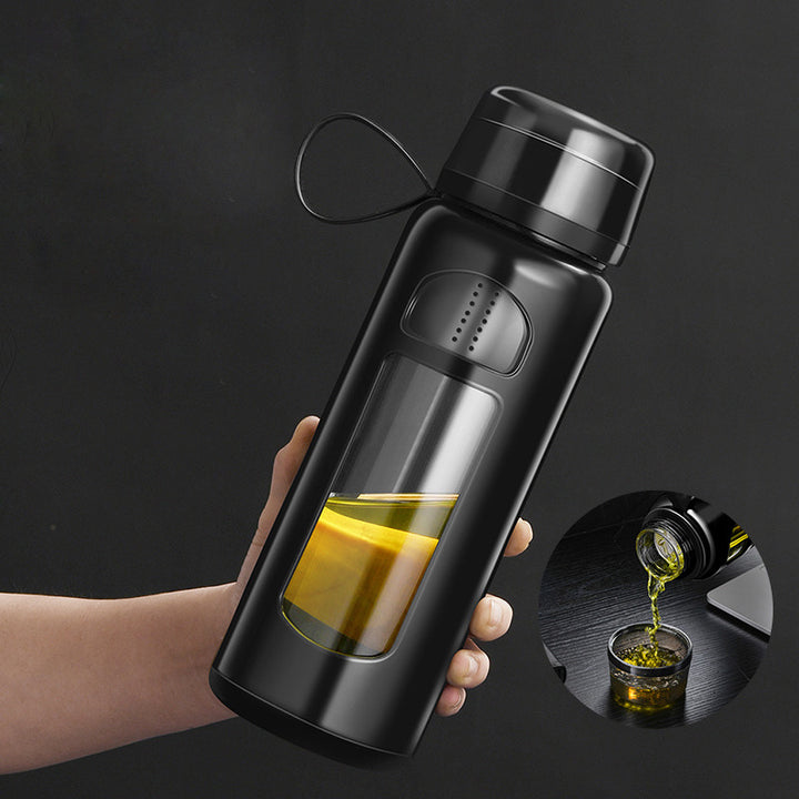 Premium Double-Layer Insulated Tea Cup with Water Separation – 520ML Portable Filtering Cup for Hot & Cold Beverages – Food-Grade Glass & Silicone – Available in Black, Blue, Coffee, Pink