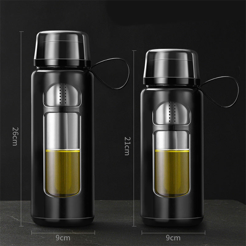 Premium Double-Layer Insulated Tea Cup with Water Separation – 520ML Portable Filtering Cup for Hot & Cold Beverages – Food-Grade Glass & Silicone – Available in Black, Blue, Coffee, Pink