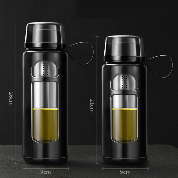 Premium Double-Layer Insulated Tea Cup with Water Separation – 520ML Portable Filtering Cup for Hot & Cold Beverages – Food-Grade Glass & Silicone – Available in Black, Blue, Coffee, Pink