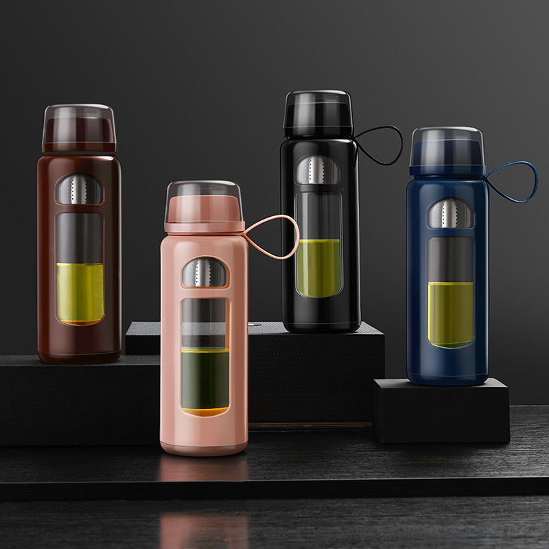 Premium Double-Layer Insulated Tea Cup with Water Separation – 520ML Portable Filtering Cup for Hot & Cold Beverages – Food-Grade Glass & Silicone – Available in Black, Blue, Coffee, Pink