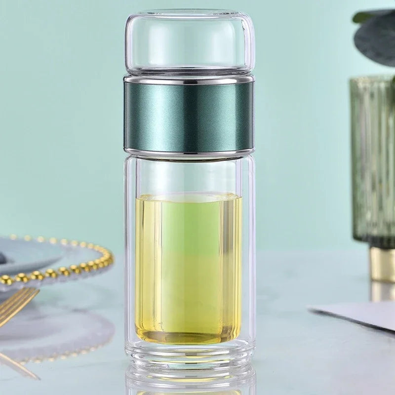 Premium Double Wall Borosilicate Glass Tea Water Bottle – Heat-Resistant Tea Infuser Tumbler with Filter, Portable Tea Cup for Home and Office