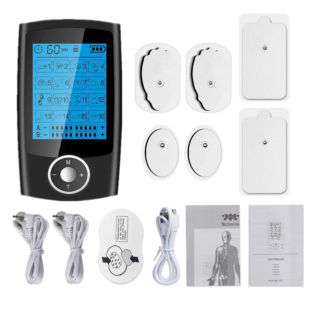Premium Dual-Channel Electric Pulse Massager – Rechargeable EMS/TENS Stimulation Device with 16 Modes, LCD Display, Portable Design